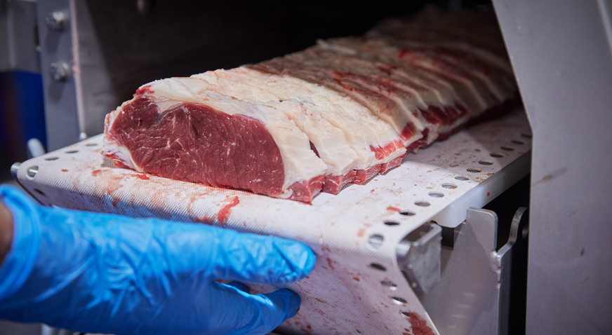 Portioned pork loin exits the I-Cut 130 Portion Cutter at Auspork